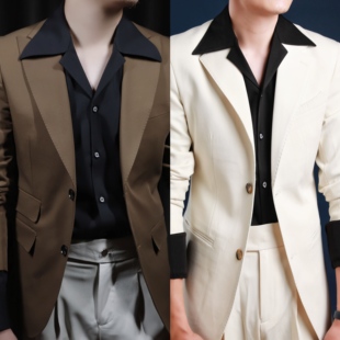 HYE古巴领法式衬衫秋季复古意式风尖角休闲黑色西装领长袖衬衣男