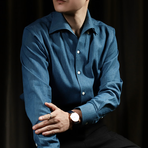 一片领高定牛仔衬衫男宽角领褂子