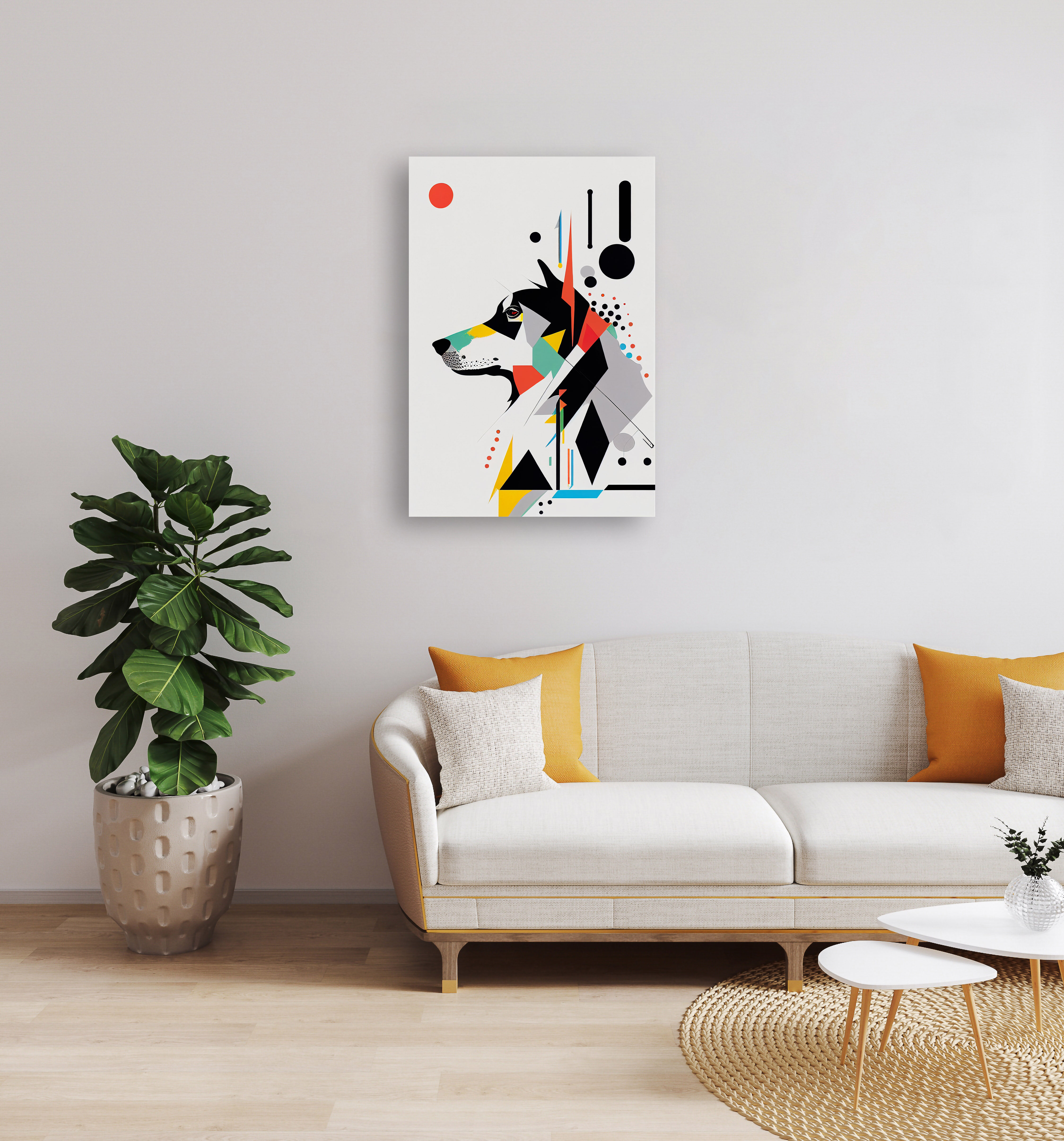 客厅沙发背景墙装饰画轻奢大气简约侘寂风几何图形哈士奇抽象壁画