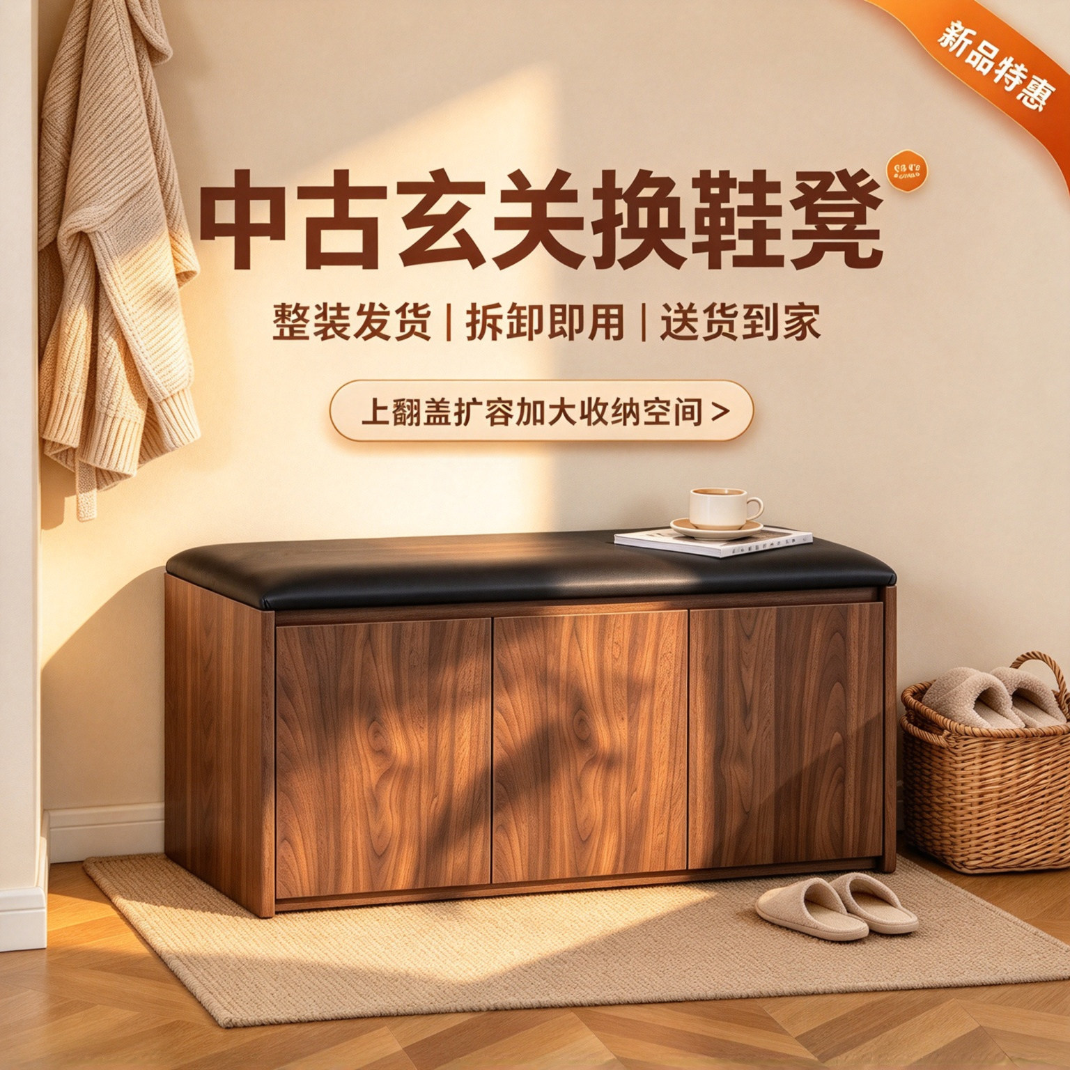 胡桃色玄关软包收纳换鞋凳