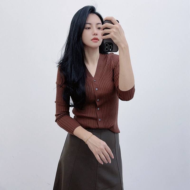 亲肤软糯~100精纺羊毛秋冬超薄坑条弹力修身通勤针织开衫外搭