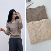 打底衫 巨软糯羊绒触感 高端品牌尾货100羊毛重工镂空V领长袖 毛衣