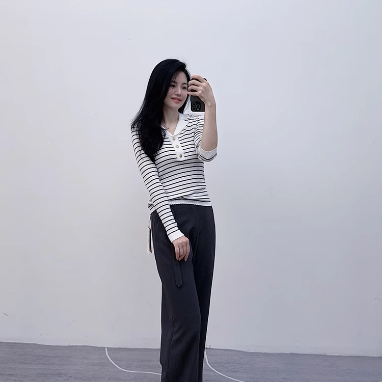 超值推荐法式翻领100莱赛尔天丝系列品牌尾货春秋气质条纹打底衫