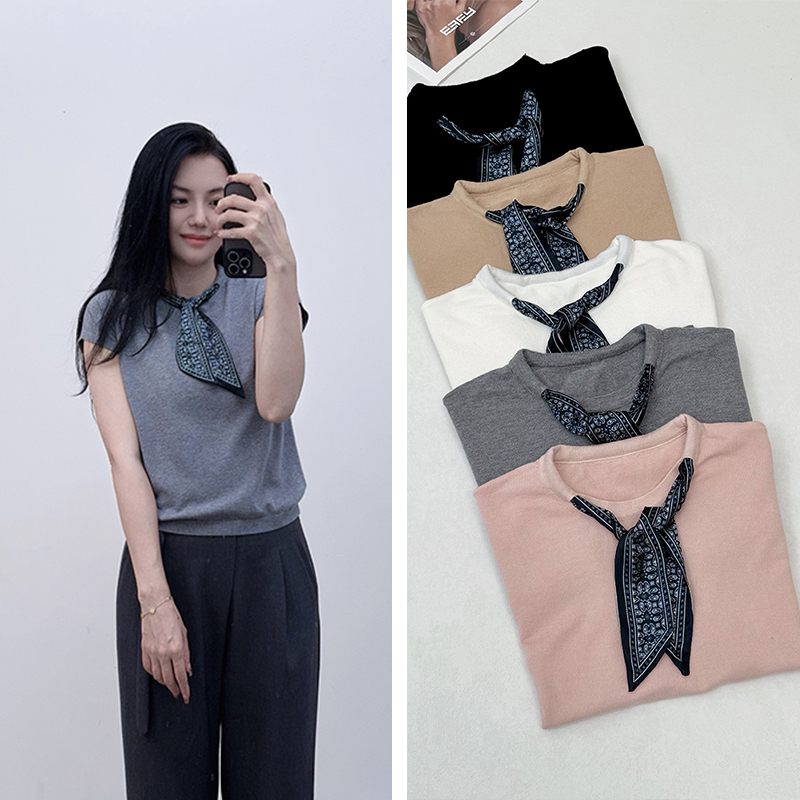 颜值爆表~软糯别致丝巾拼接短袖