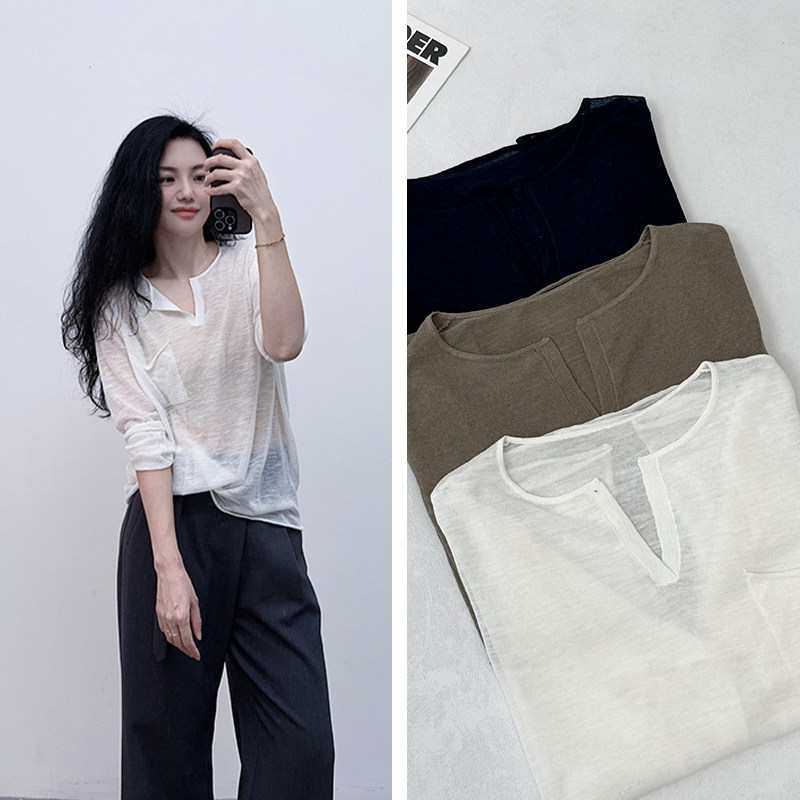 松驰感拉满~亚麻度假风宽松轻薄微透口袋半开领慵懒风针织防晒衫