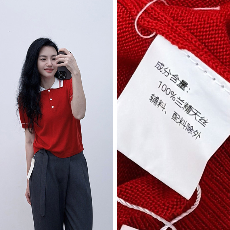 夏天的颜色~品牌撤柜尾货100兰精天丝减龄学院风翻领针织短袖女T