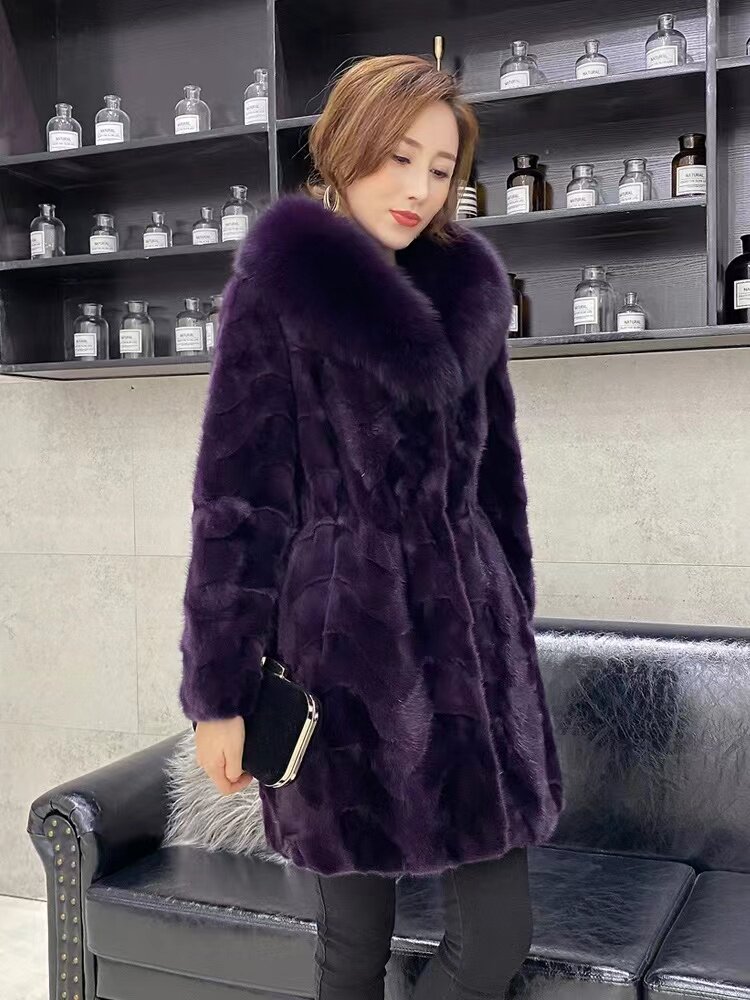 海宁狐狸毛拼领貂皮草外套皮毛一体冬季妈妈女装貂皮大衣大80长