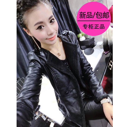 女士羊羔毛皮衣外套中长款2024秋冬加绒加厚PU皮风衣修身上衣
