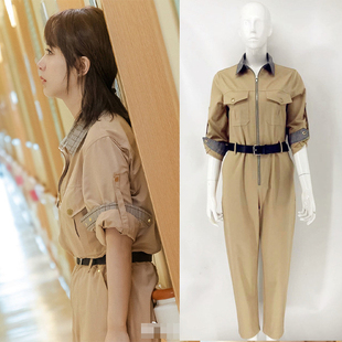 女连身裤 卡其工装 裤 明星杨紫同款 休闲帅气连衣裤 连体裤 套装 拉链式