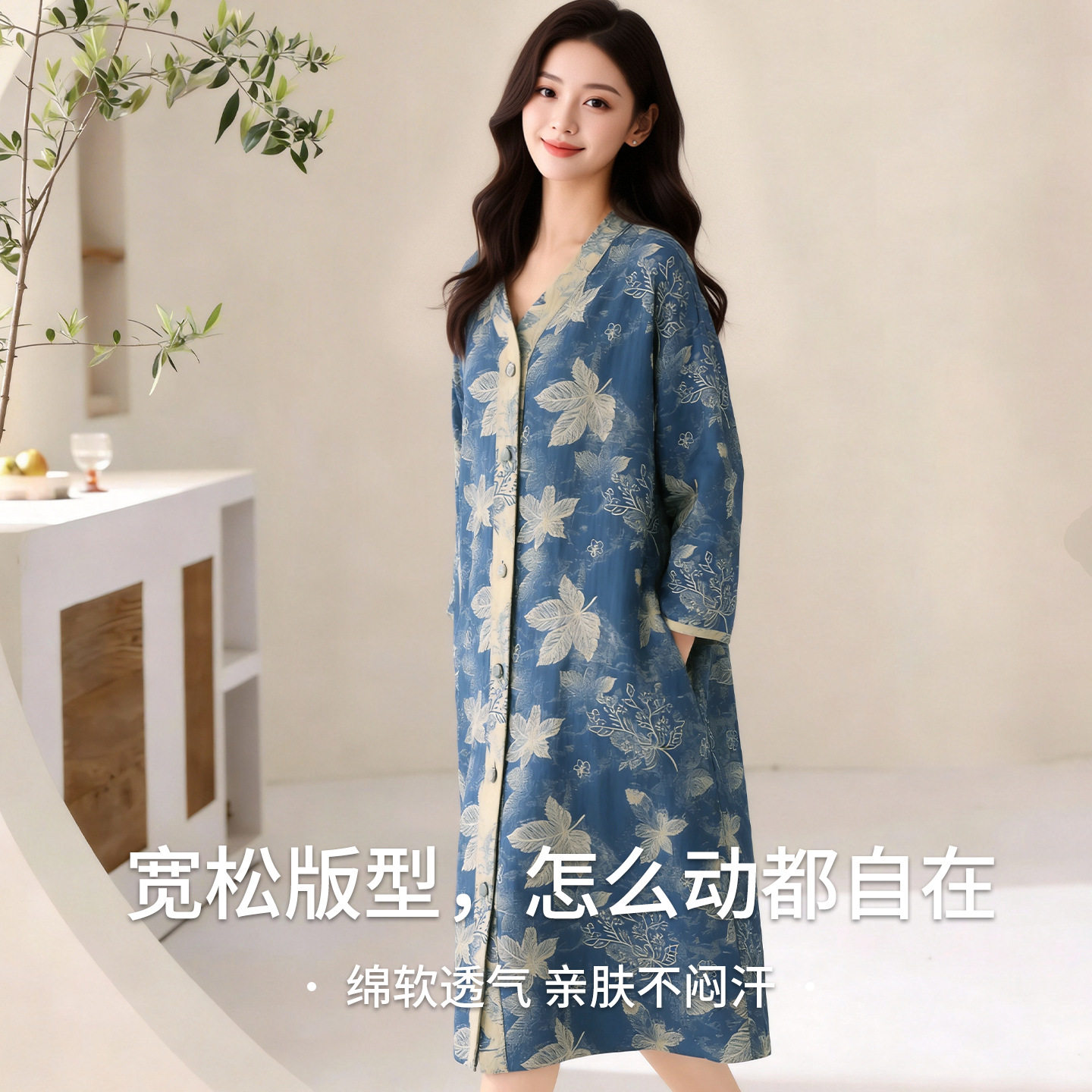 100％全棉开扣睡裙女系扣衬衫吸水浴衣双层纱布国风睡衣薄款睡袍V