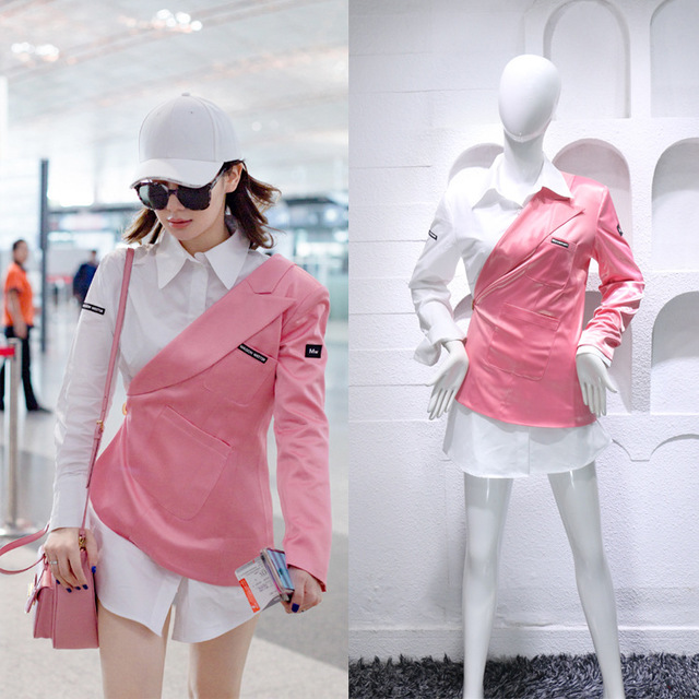 戚薇机场同款粉色半穿西装白长衬衫两件套衣服秋斜肩不规则衬衣裙