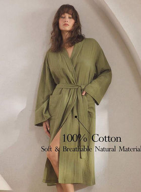 春夏吸水浴袍情侣家居服绿色超舒服纯棉睡衣女显白棉纱长款睡袍女