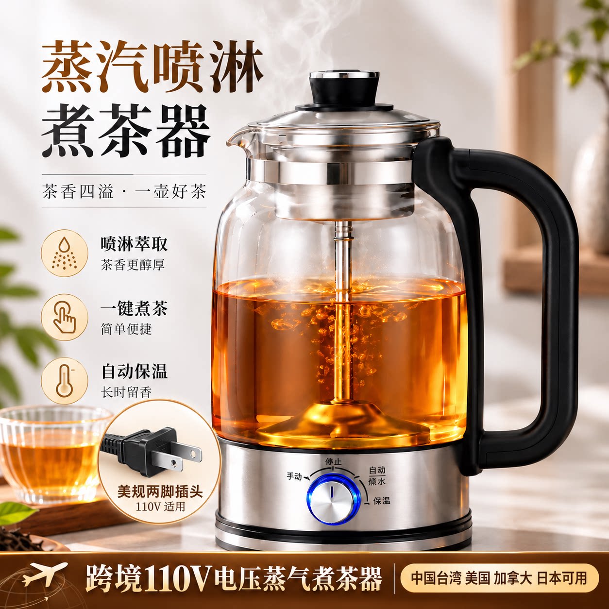 跨境110V电压蒸汽喷淋煮茶器