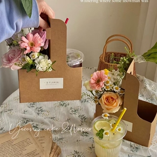 新款ins风手提花盒鲜花艺包装盒加厚咖啡牛皮纸盒奶茶包装盒diy