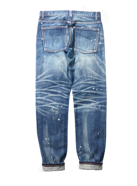 高端纯手工磨烂水洗泼墨蓝色猫须潮牌男式赤耳丹宁ZC酱潮牛仔裤男