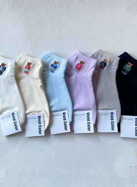 vivid韩国东大门袜子女短袜卡通小熊纯色紫色绿色棉袜春夏季薄