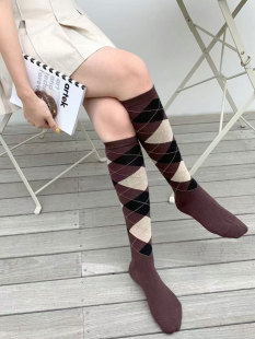 韩国代购KSOX膝下小腿袜女菱形格显瘦潮流网红搭配堆堆袜外穿袜子