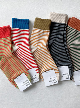 韩国代购ETNA中筒袜女细条纹拼色常规厚春秋款百搭小皮鞋外穿袜子
