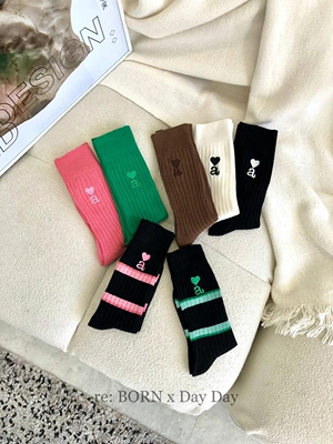 韩国袜子刺绣字母爱心条纹