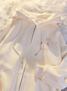 女童秋冬新款卡通kitt猫连帽卫衣女公主风加绒加宽松拉链开衫外套