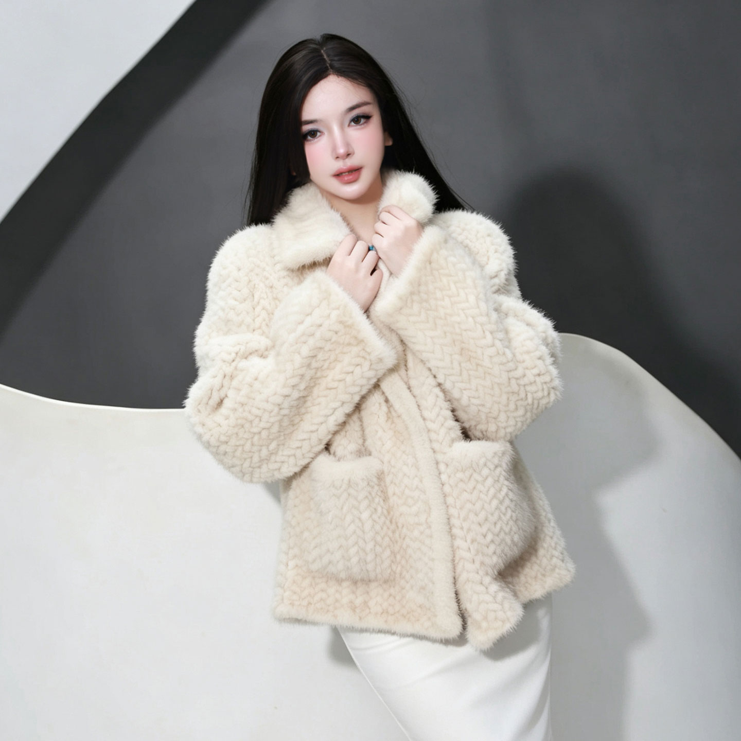 秋冬新款翻领女轻奢气质编织保暖皮草外套