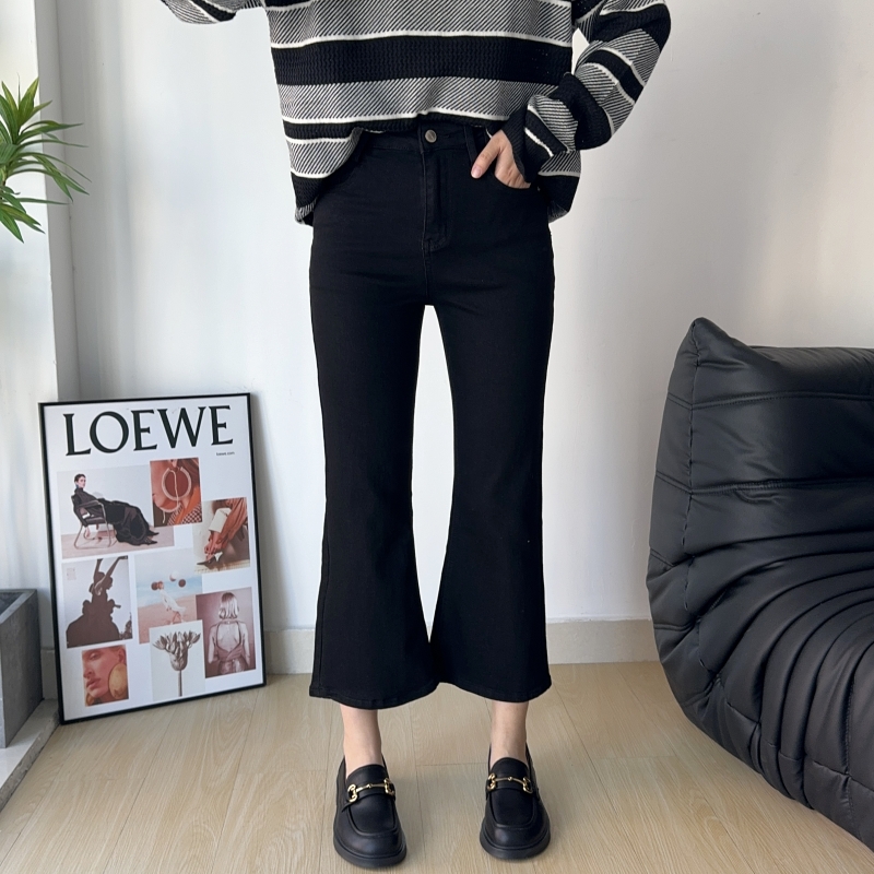 木木崧大码女春季微喇牛仔裤九分裤高腰弹力黑色胖mm显瘦喇叭裤