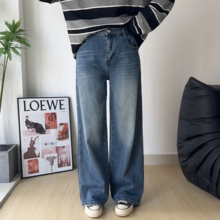 木木崧大码直筒牛仔裤女秋季长裤高腰弹力牛仔胖mm显瘦阔腿拖地裤