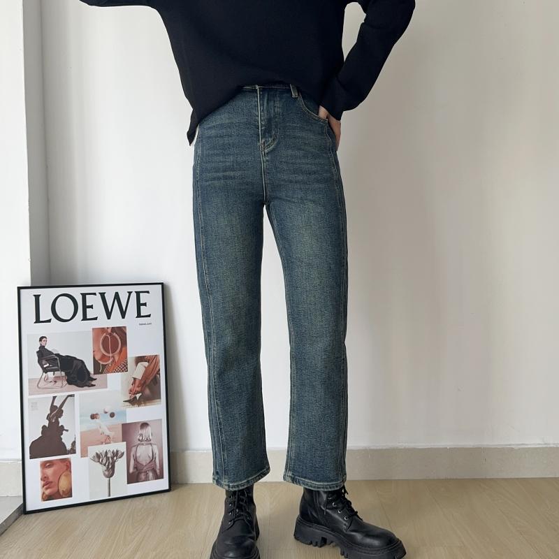 高品质做旧蓝直筒牛仔裤