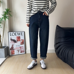 高腰弹力胖mm深蓝显瘦哈伦牛仔裤 女秋九分萝卜裤 老爹裤 木木崧大码