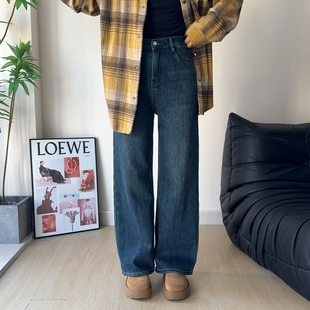 木木崧大码植绒窄版阔腿牛仔裤裤女冬高腰弹力胖mm显瘦直筒拖地裤