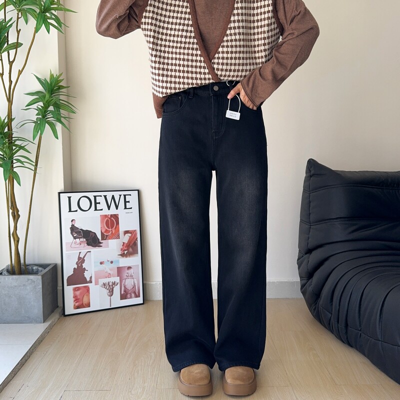 大码厚绒炭黑阔腿拖地裤牛仔长裤