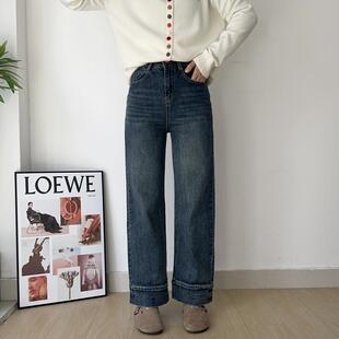 木木崧大码早春阔腿女长裤显瘦高腰弹力胖mm复古深蓝色垂感直筒裤