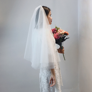 简约新娘结婚领证头纱2020旅拍新款 婚纱双层百搭发梳素纱 超仙韩式