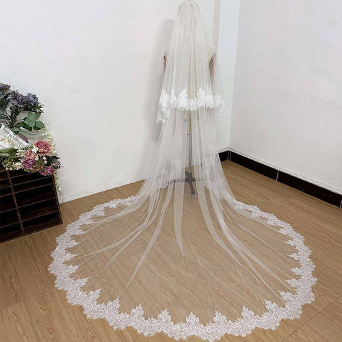 新娘结婚主婚纱头纱超仙睫毛蕾丝边白色简约高端写真摄影头纱