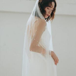 新娘婚礼主婚头纱唯美珍珠头纱摄影拍照造型中长款复古头饰仙
