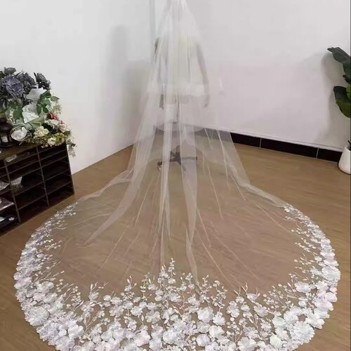 新娘主婚淡米色蕾丝花弹力头纱