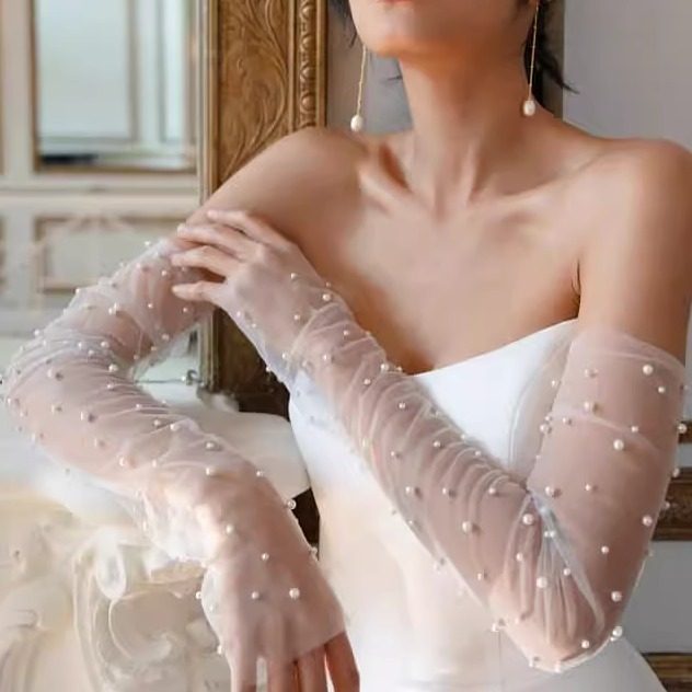 新娘婚纱礼服热销配饰珍珠网纱无指长款手套袖套遮手臂神器