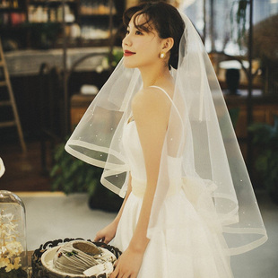 新娘新款旅拍中长款复古弹力包边双层硬纱海马体同款网红少女头纱
