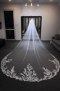 新娘婚禮森系簡約樹葉蕾絲頭紗長款 拖地3.5米大教堂婚紗造型頭飾