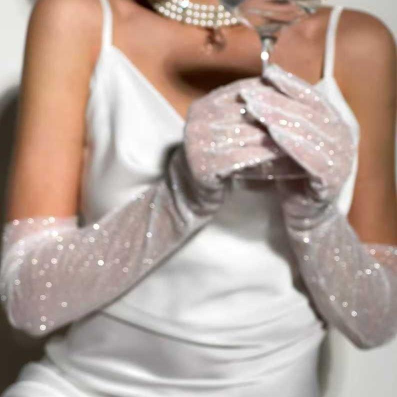 闪粉长款手套网纱薄纱蕾丝晚礼服婚纱手套透明白色