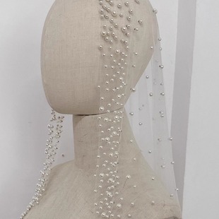 新款重手工钉珠长拖尾头纱新娘韩式婚礼主婚纱珍珠头饰高级定制