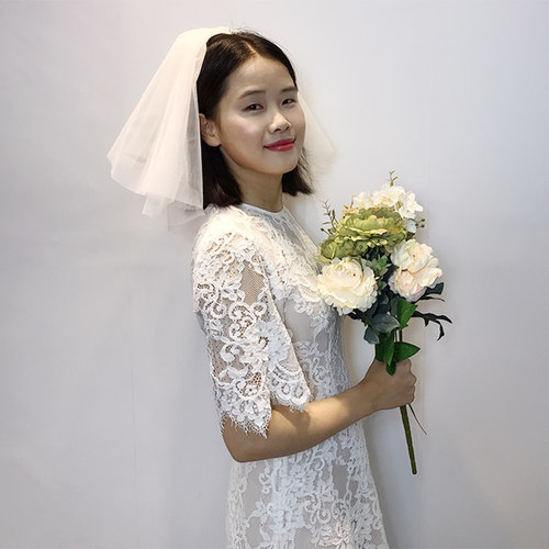 韩式短款双层简约婚礼素纱头纱