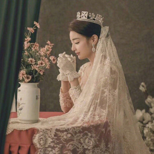 高级新娘结婚婚礼婚纱头饰超仙森系长款 复古蕾丝花边头纱 拖尾法式