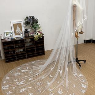 新娘结婚头纱长款拖地竹叶蕾丝头纱韩式简约主婚纱双层头纱拍照