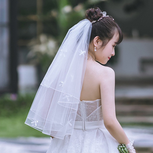 韩式新娘简约双层缎面婚纱包边短头纱领证旅拍婚礼蝴蝶lolita头饰