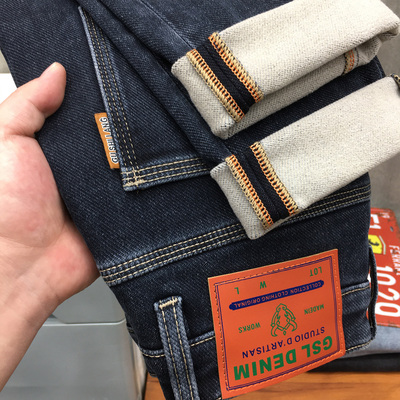 冬季磨毛牛仔裤男款高端抓绒保暖修身小脚九分裤加绒加厚款古士狼