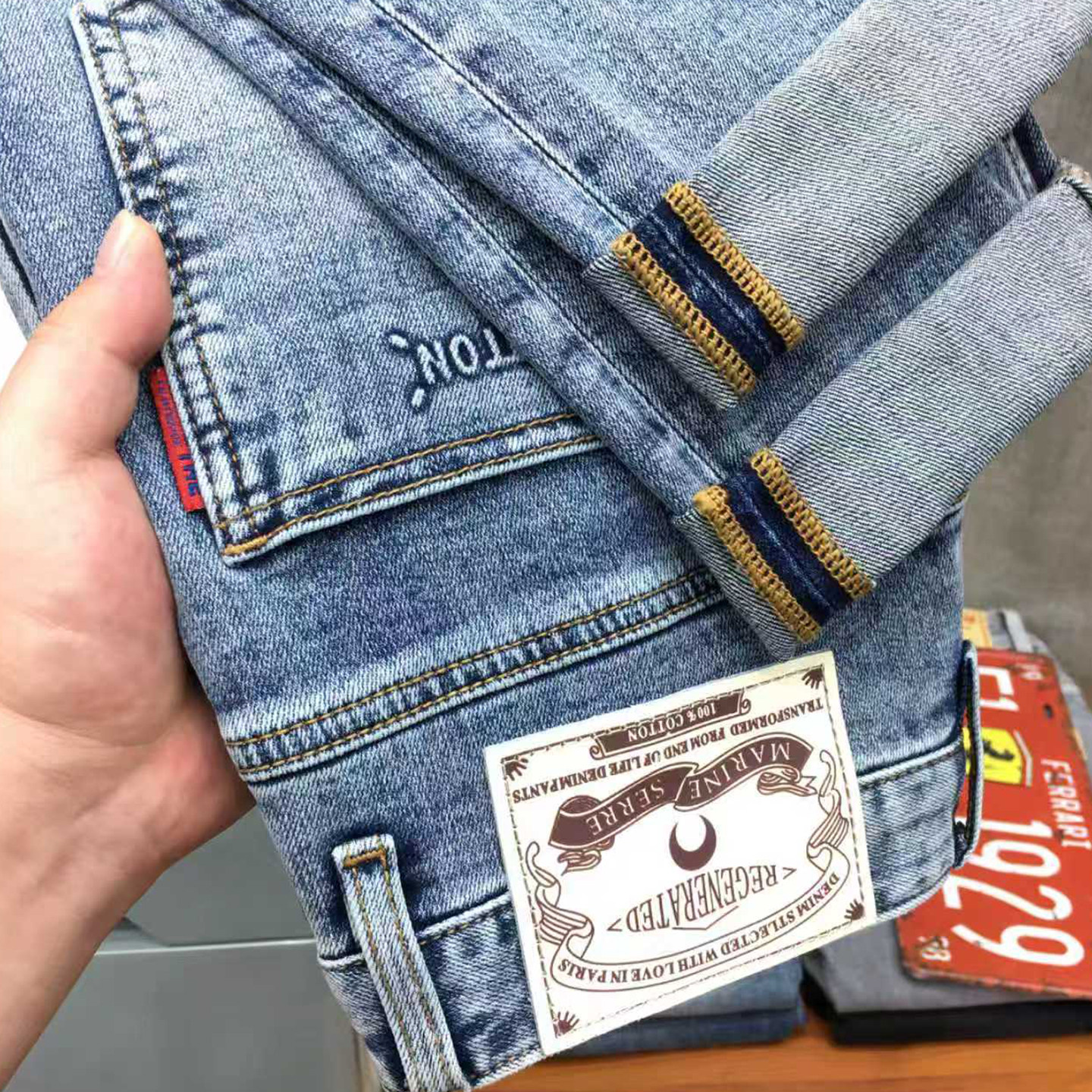 秋冬款牛仔裤男款九分裤美式浅蓝色弹力修身小直筒长裤秋季新款