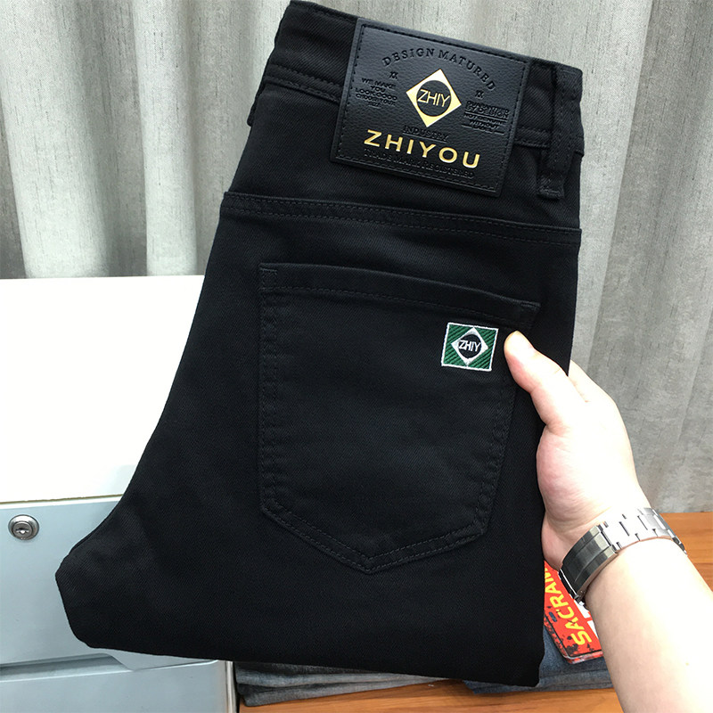 加绒黑色牛仔裤男冬季九分裤高端潮牌刺绣弹力休闲纯黑长裤秋冬款,男装,牛仔裤,淘宝优惠券,粉丝福利购,淘宝优惠卷