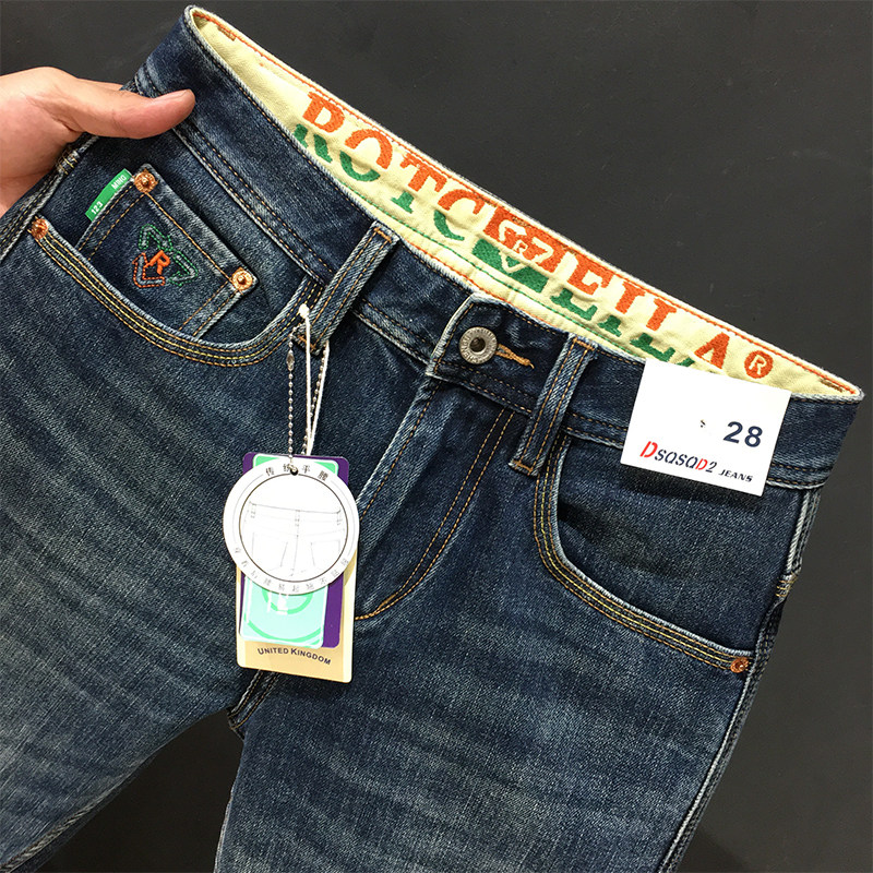 秋冬款九分牛仔裤男2024新款高端蓝色印花弹力修身小直筒长裤秋季