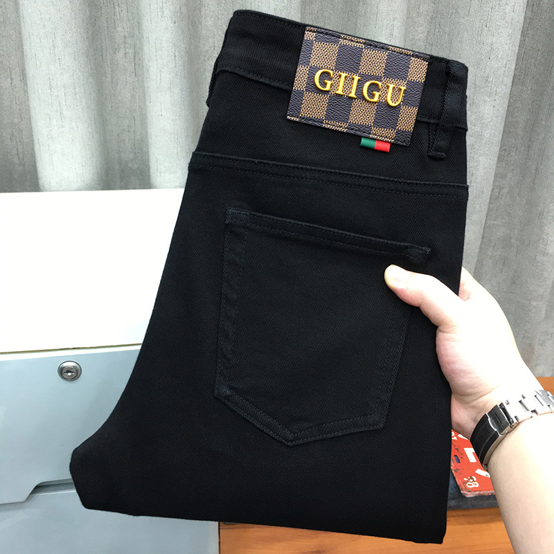 黑色牛仔裤男秋冬款欧货潮牌轻奢休闲修身小脚九分裤商务直筒长裤